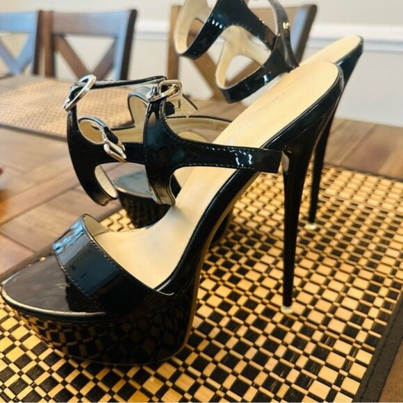 Black Patent Platform Stiletto Heels Strappy Sandals Size 8 New Without Box - Picture 5 of 12